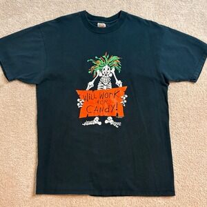 Vintage 90s Jerzees Halloween Skeleton‎ Will Work For Candy  Men's T Shirt XL